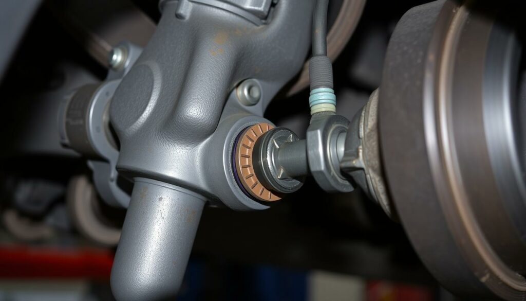 A-close-up-view-of-a-cars-steering-knuckle-showing-the-ball-joint-and-tie-rod-end-connection-1024x585 Changez la crémaillère de votre voiture en 4 étapes !