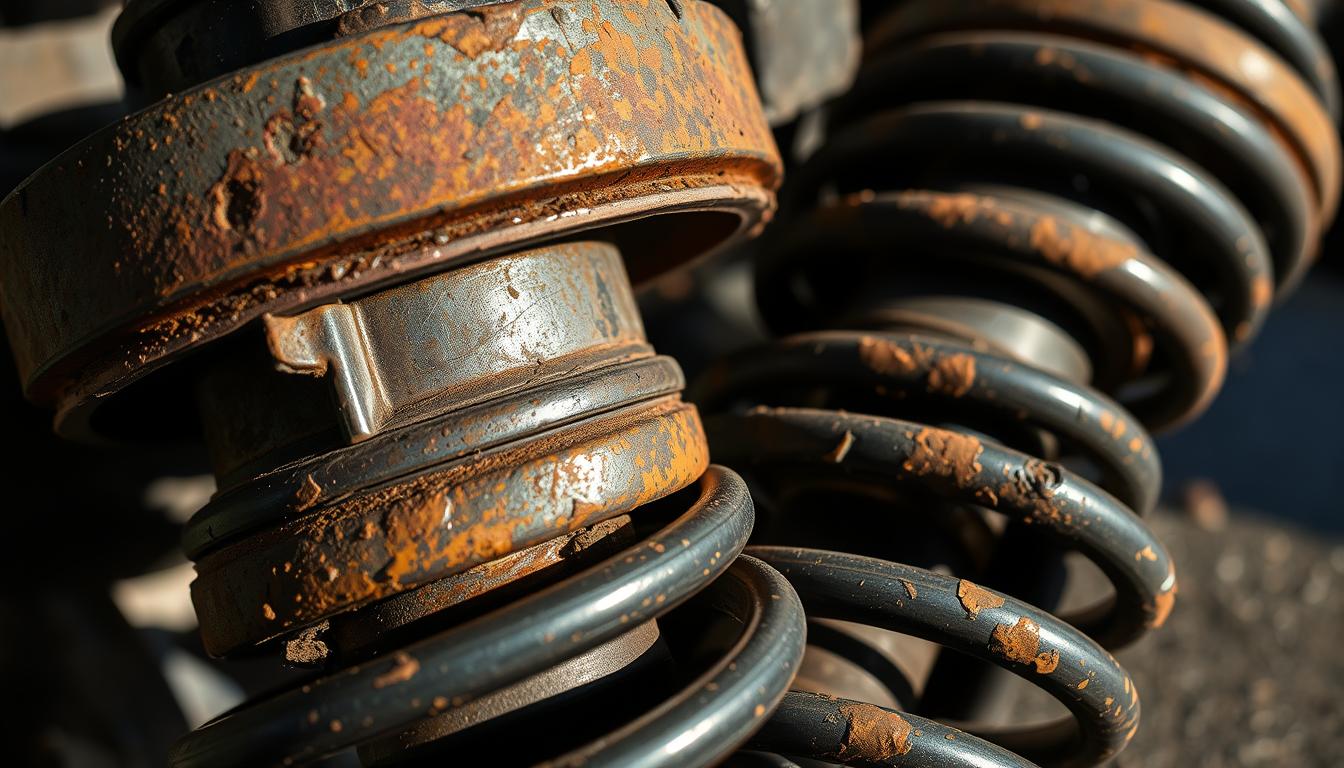 A close-up view of a set of worn-out car suspension shock absorbers, also known as "amortisseurs" in French. The rusted and dented metal housing contrasts with the worn-out rubber and oil-stained components. The image captures the deterioration of these crucial automotive parts, highlighting the need for timely replacement to ensure safe and comfortable driving. The lighting is harsh, casting dramatic shadows and emphasizing the weathered, dilapidated appearance of the amortisseurs. The focus is sharp, drawing the viewer's attention to the intricate details of the worn-out shock absorbers.