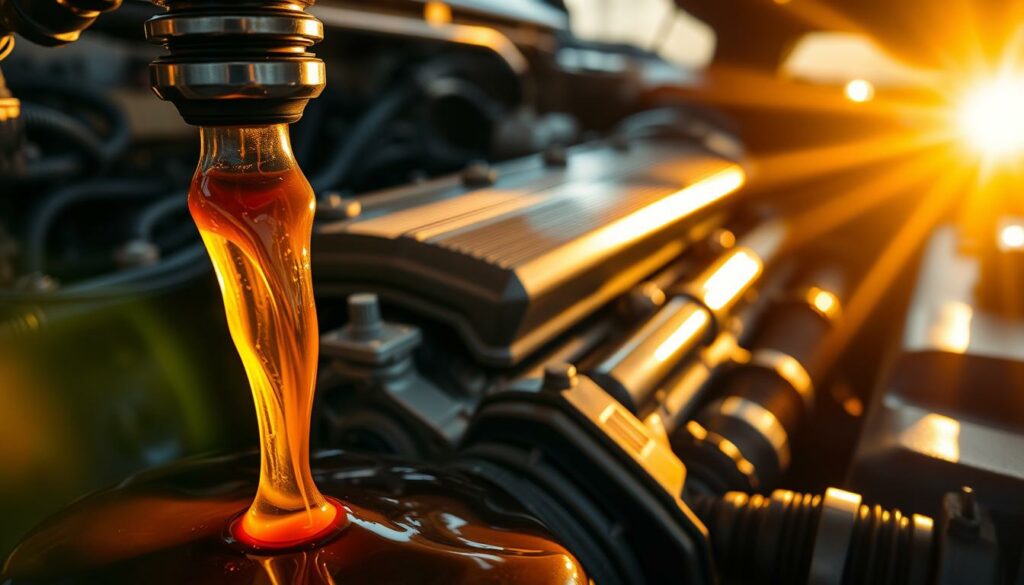 A-close-up-view-of-an-engine-bay-bathed-in-warm-golden-sunlight-streaming-through-a-window-1024x585 Mettre trop d’huile dans le moteur : conséquences et solutions
