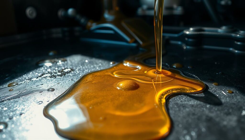 A-close-up-view-of-engine-oil-spilling-and-pooling-on-a-dark-oily-surface.-The-foreground-1024x585 Mettre trop d’huile dans le moteur : conséquences et solutions