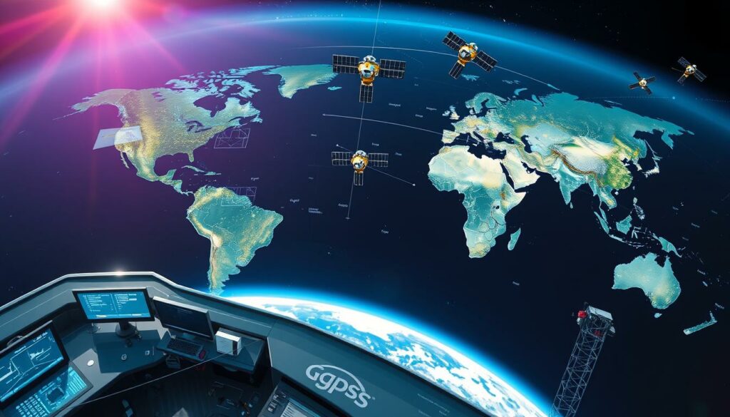 A-detailed-aerial-view-of-a-global-positioning-system-GPS-network-showcasing-a-central-1024x585 Le système de navigation GPS, comment ca fonctionne ?
