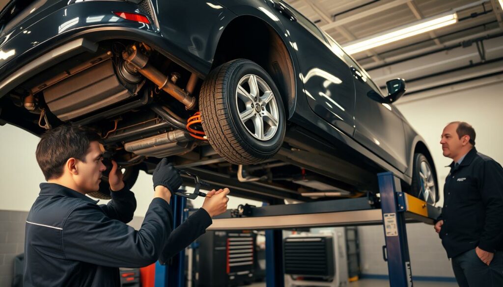 A-detailed-automotive-inspection-scene-with-a-mechanic-thoroughly-examining-a-mid-sized-sedan--1024x585 Comment Se Déroule le Processus d’Achat d’une Voiture aux Enchères en Belgique ?