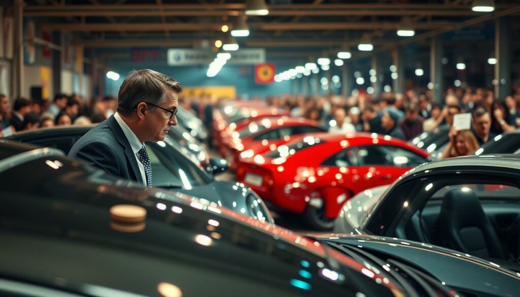 A-high-energy-scene-of-a-bustling-car-auction-house-with-rows-of-gleaming-vehicles-on-display--1024x585 Comment Se Déroule le Processus d’Achat d’une Voiture aux Enchères en Belgique ?