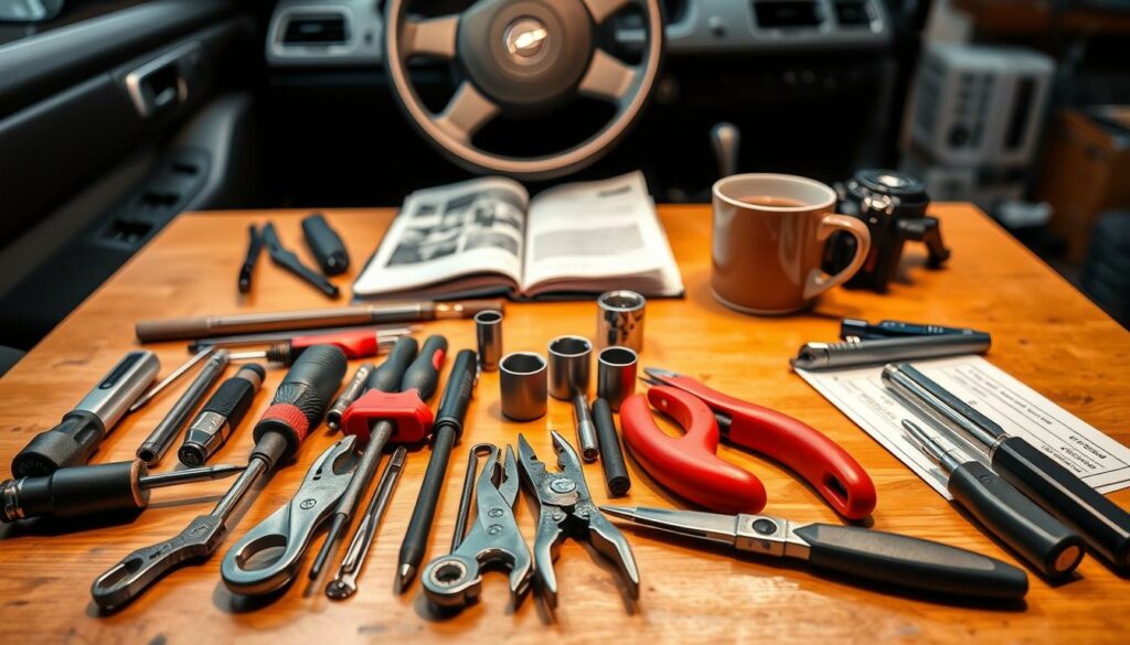 A-well-lit-workshop-table-displays-a-variety-of-essential-tools-for-replacing-a-cars-turn-1024x585 Changement de commodo : combien de temps ça prend ?