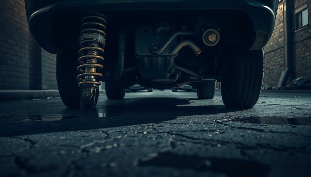 Deteriorated-shocks-on-a-worn-out-sedan-casting-long-shadows-across-a-dimly-lit-urban-alley-1024x585 Quand changer ses amortisseurs et quels sont les risques pour les automobilistes négligents ?