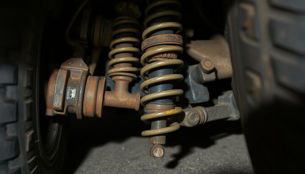 Worn-out-shocks-and-struts-their-deterioration-evident-in-the-compressed-sagging-suspension.--1024x585 Quand changer ses amortisseurs et quels sont les risques pour les automobilistes négligents ?
