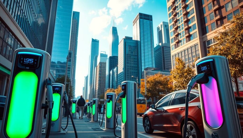 A-bustling-urban-landscape-with-sleek-modern-electric-vehicle-charging-stations-prominently-1024x585 Quelles sont les meilleures voitures électriques de 2025 : nouveautés et classement