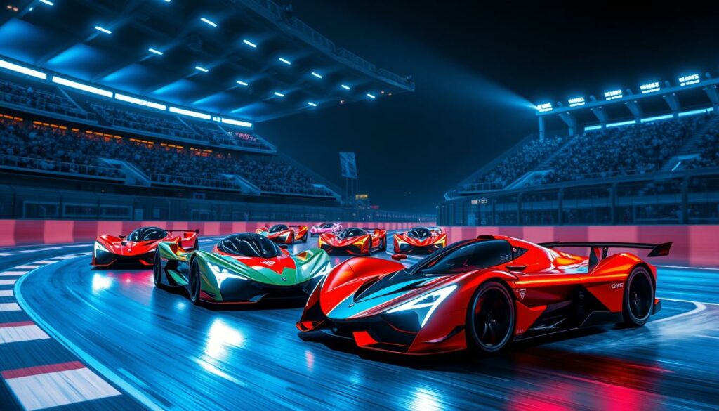 A-high-angle-shot-of-electric-race-cars-speeding-around-a-sleek-futuristic-circuit-bathed-in--1024x585 Quel Est L’impact Des Voitures Électriques Dans Les Compétitions De Course ?