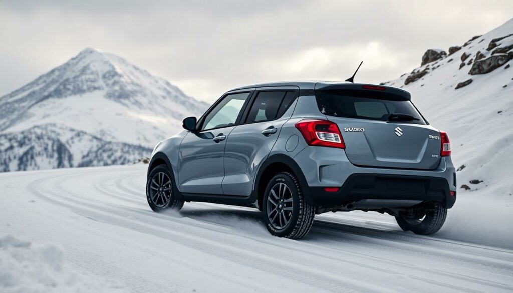 A-rugged-Suzuki-Swift-AllGrip-navigating-a-challenging-snow-covered-mountain-road.-The-1024x585 ESSAI SUZUKI SWIFT ALLGRIP : LA CITADINE MONTAGNARDE !